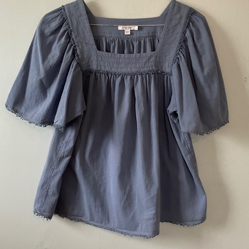 Chico’s Dusty Blue Square-Neck Flutter Sleeve Tunic